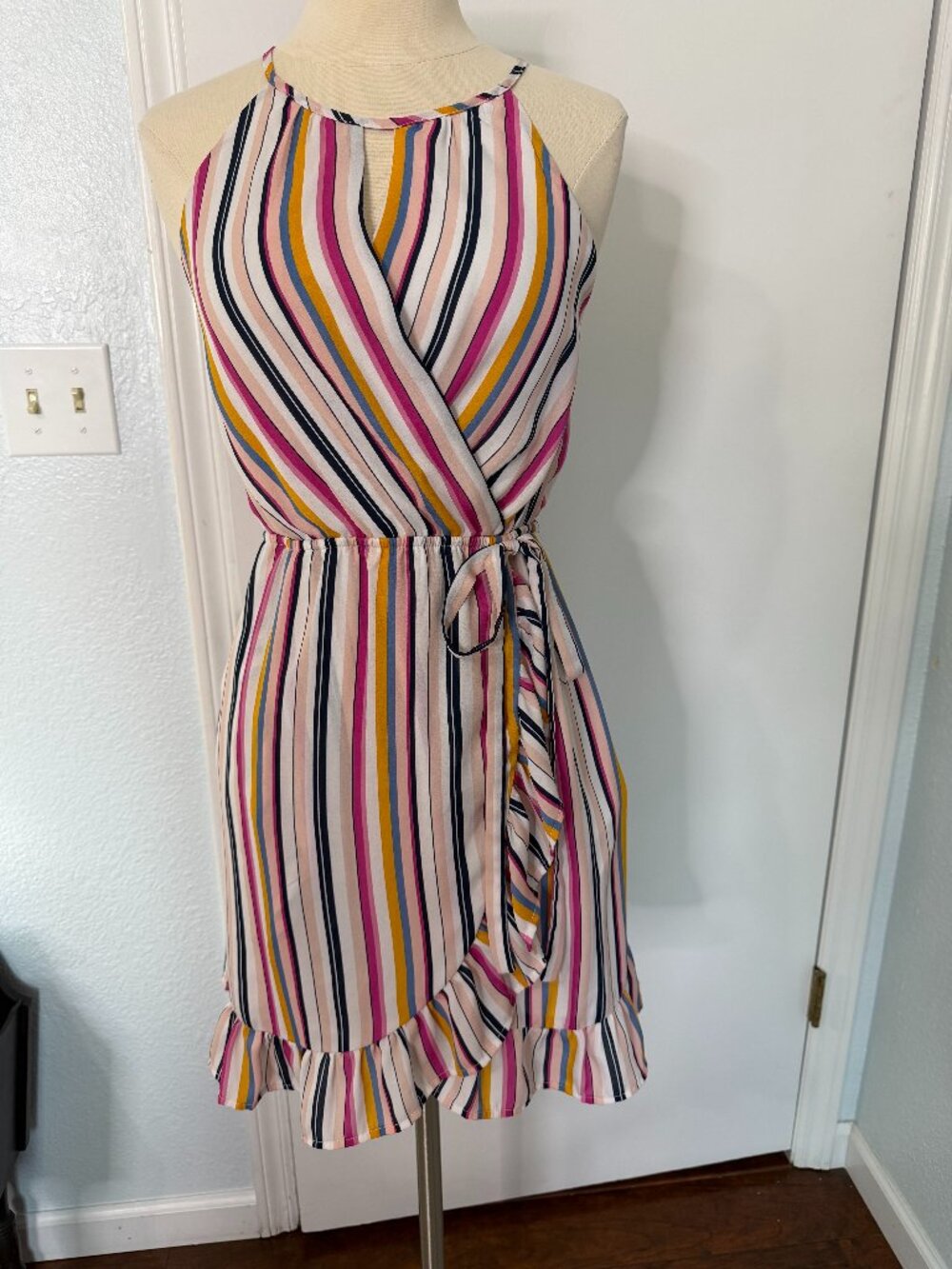 Mi Ami Striped Wrap Mini Dress Small Ruffle Hem Tie Waist Multicolor